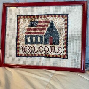Framed Welcome Cross-Stitch Art in Red Frame